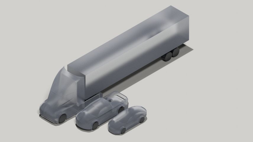 An 18-wheeler, truck, and car come to a stop in the image